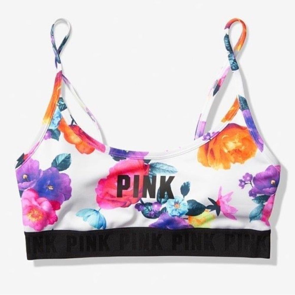 Victorias Secret Pink Ultimate Lined Removable Padding sport bra white floral - Picture 3 of 3